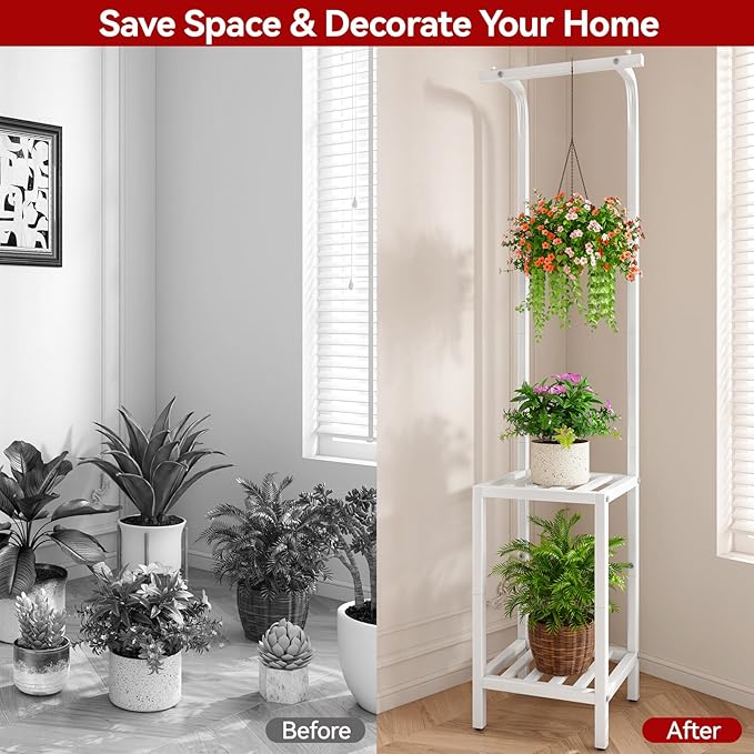 IBUYKE 67 Inch Tall Plant Stand Indoor Outdoor, 3 Tier Metal Hanging Plant Shelf for Multiple Plant, Heavy Duty Plant Holder Flower Stand for Living Room Patio Balcony Garden, White TMJ076W