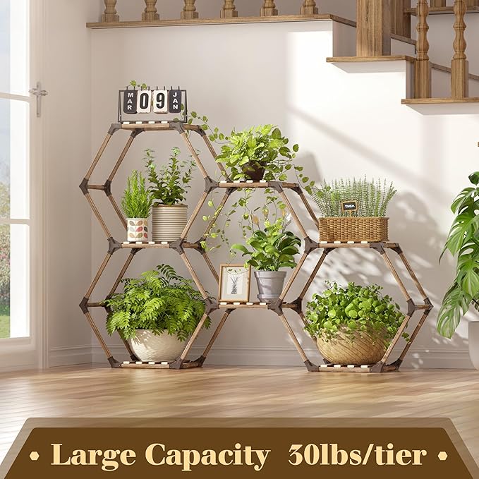 Tikea Plant Stand Indoor Outdoor Hexagonal Plant Stand for Multiple Plants Indoor Large Wooden Plant Shelf 7 Tiered Creative DIY Flowers Stand Rack for Living Room Balcony Patio Window