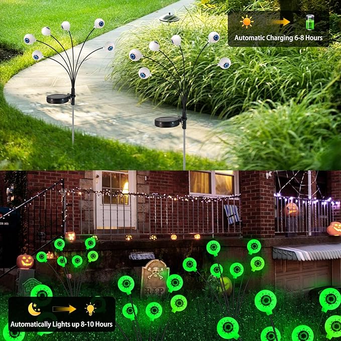 Halloween Solar Lights Outdoor Waterproof Solar Scary Eyeball Lights, 2 Pack Green Eyeball Swaying Firefly Lights, Solar Halloween Path Lights for Yard Garden Lawn Party Decor,