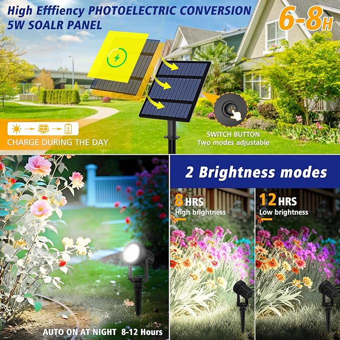 T-SUNUS Christmas Solar Garden Spotlight Outdoor 6-in-1 White Landscape Spot Lights IP65 Waterproof Separated Panel Dusk to Dawn 6000K Spotlights for Tree Yard Driveway Pathway Porch Walkway Halloween