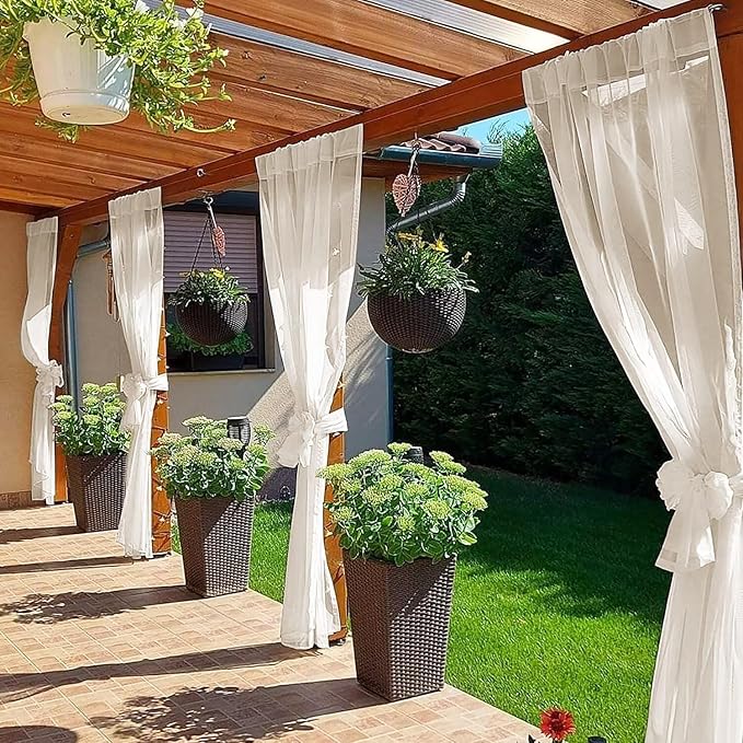 SpaceDresser Waterproof Outdoor Sheer Curtains for Patio - 4 Panels Rod Pocket Indoor Voile Sheer Curtain for Living Room,52W x 108L inch, Ivory