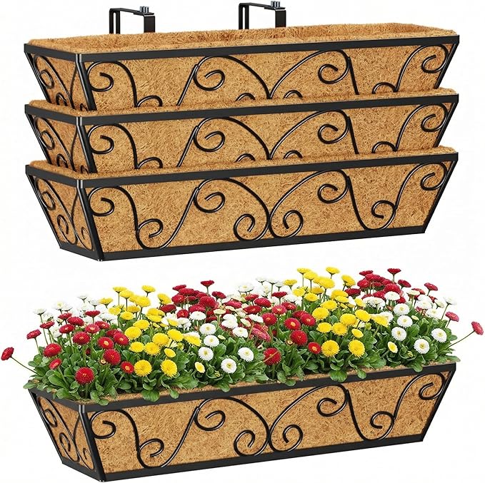 Y&M 24 Inch Window Deck with Coco Liner, Fence Metal Hanging Flower Planter Window Basket Deck Railing Planter Boxes for Outdoor Garden Lawn-Butterfly, 4pcs