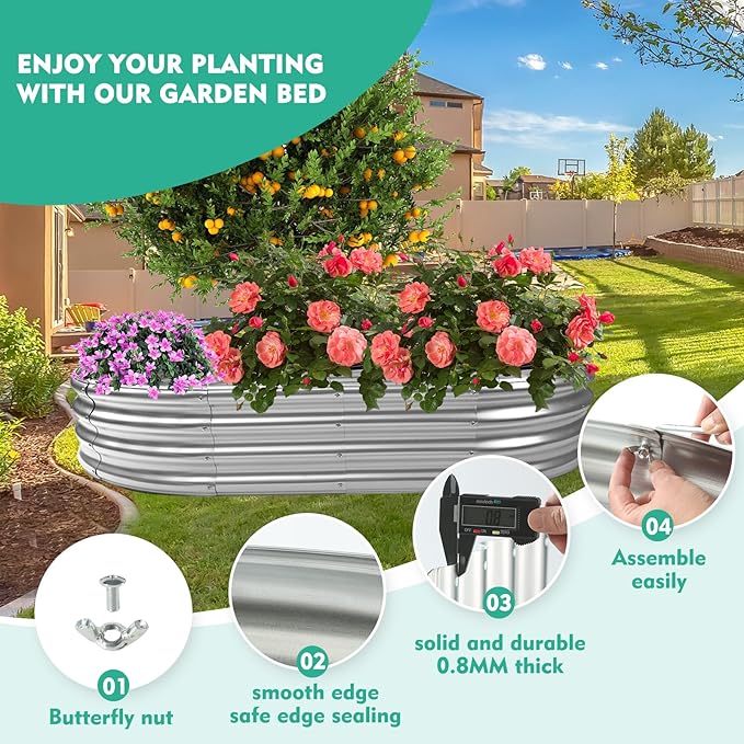 6X3X1 FT Oval Galvanized Metal Garden Raised Bed/Plant Box for Planting,36 Inches Diameter Iron Fire Pit Ring,Small Animal Fence-3 in 1 Modular Design in Black (Silver, 72X36X11.5 Inches)