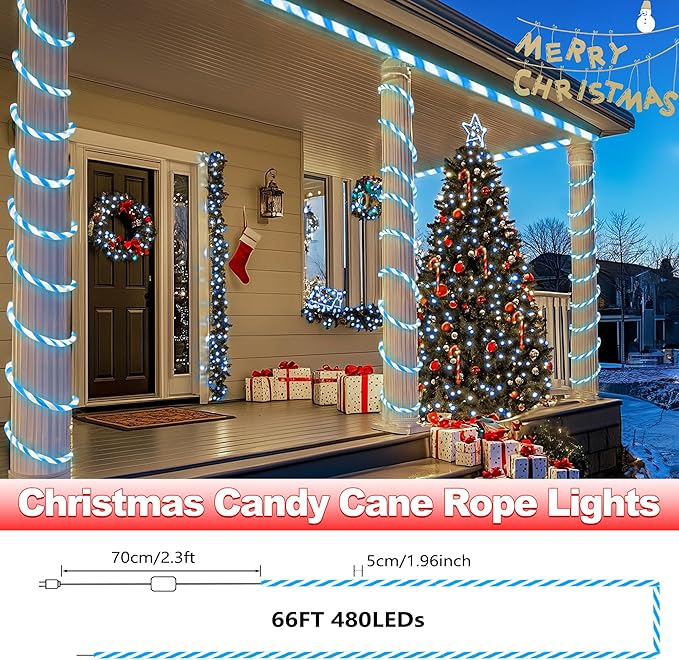 Jnaurb Christmas Candy Cane Lights, 66ft 480 LED Connectable Flexible White & Blue Candy Cane Rope Lights for Outside, 8 Modes Waterproof LED Christmas Light for Garden Patio Tree Holiday Party Decor