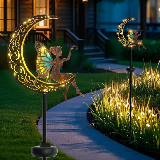 Afirst Solar Garden Lights Outdoor Decor Moon Fairy Stake Lights Waterproof Warm White LED Metal Stake Decor for Outdoor Pathway Yard Lawn Decoration Housewarming Mom Gifts 2 Pack
