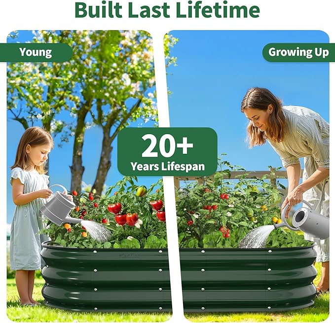 Kesfitt Raised Garden Bed, 4x2x1 FT Galvanized Steel Metal Raised Garden Bed, Oval Open-Bottom Design, 12-Inch Deep for Outdoor Vegetable & Herb Gardening, Forest Green