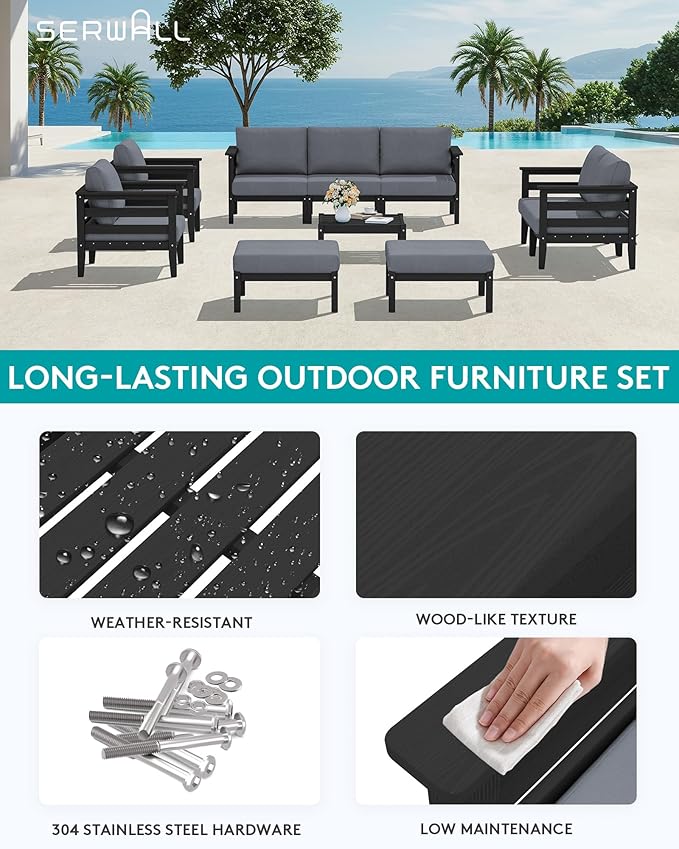 SERWALL HDPE Patio Furniture Set, 2 Pieces Outdoor Sectional Sofa Set, All-Weather Wood-Like Outdoor Sofa Couch with Coffee Table for Deck, Lawn, Black Frame with Grey Cushion