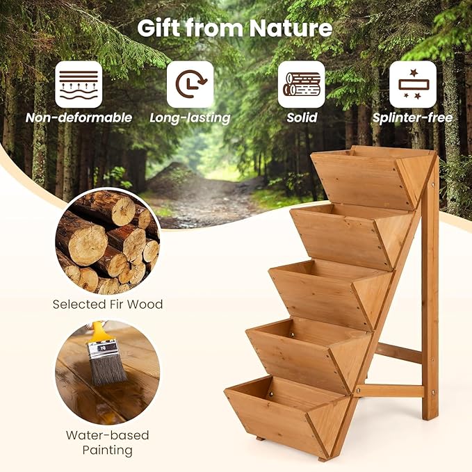 Giantex 5-Tier Wooden Vertical Raised Garden Bed, Freestanding Plant Stand with Legs for Herbs Vegetables Fruits, Indoor Outdoor Tiered Wood Planter Box Flower Rack for Patio, Balcony & Yard