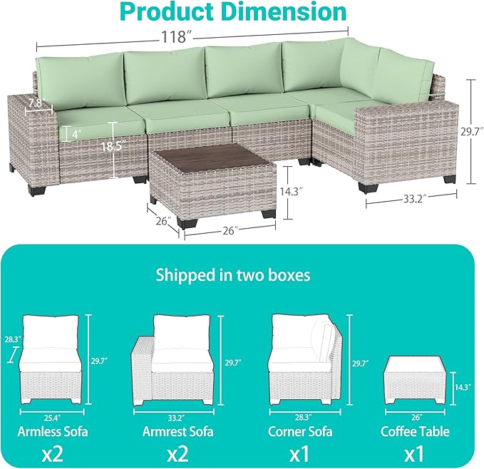 6-Piece Outdoor Patio Furniture Set Wicker Sectional Sofa Set, Patio Conversation Set with Thickened Cushions & Coffee Table for Garden, Backyard, Poolside, Light Green