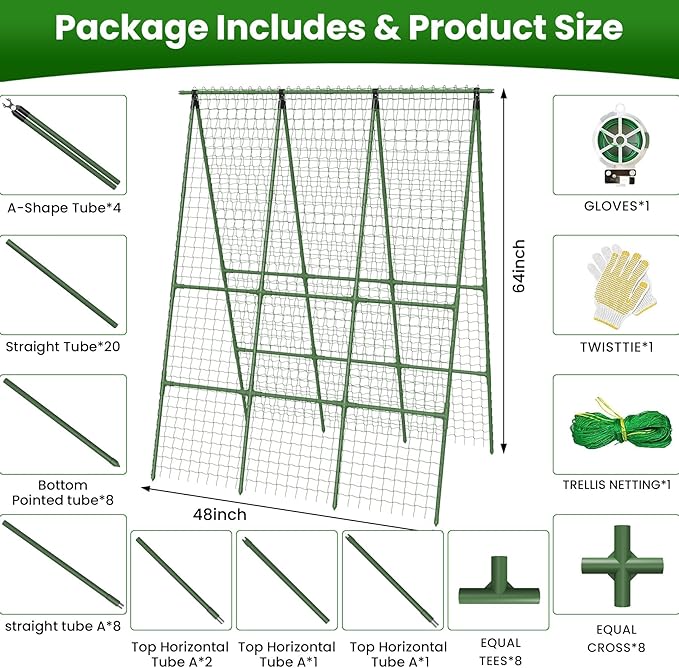 Cucumber Trellis for Raised Bed 48" L x 64" H, 16mm Heavy-Duty Metal A-Shape Arch Trellis, Outdoor Climbing Plant Support for Tomato Pea Zucchini Grape Flowers, Vertical Garden Vegetable Trellis