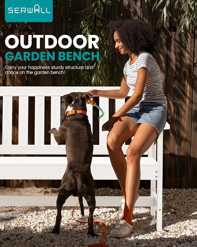 SERWALL Outdoor Bench, HDPE Outdoor Benches Weatherproof, 2-Person Garden Bench with 660 lbs Weight Capacity, Patio Benches for Outdoors, Garden, Porch, Backyard and Park, White, 4 Pack