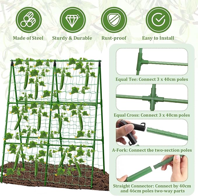 Cucumber Trellis for Raised Beds, 31 X 47 Inch Adjustable Size A-Frame Garden Trellis for Climbing Plant Outdoors with Climbing Net and Plant Support Clip for Vegetable Grape Tomato Garden Supplies