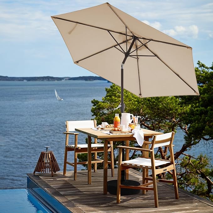 JEAREY 7.5FT Patio Umbrella Outdoor Market Umbrella with 6 Sturdy Ribs, Push Button Tilt/Crank Table Umbrella for Garden, Deck, Backyard and Pool, Beige