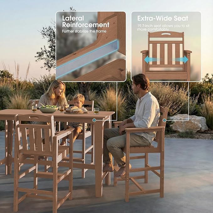 Ciokea 3 Pcs Outdoor Bar Height Table Set, 60" Extra Long Rectangle High Top Table and 2 Oversized Adirondack Chairs Set, Heavy-Duty All-Weather HDPE Patio Bar Set for Backyard Balcony Deck, Teak