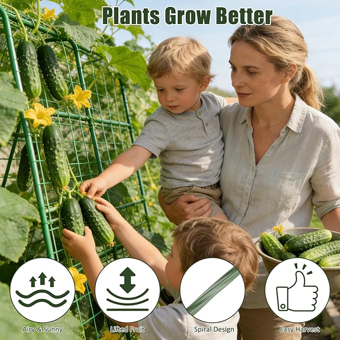 Miory Cucumber Trellis for Raised Beds, 32 x 63 Inch Metal U-Frame Garden Trellis for Climbing Plants Outdoor with Climbing Net, Plant Support for Cucumber Tomato Bean Pea