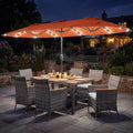 Tangkula 9 Pieces Rattan Outdoor Dining Set with 13Ft Solar Patio Umbrella for 6, Outdoor Wicker Table Set with 8 Cushioned Chairs, Acacia Wood Top, Outdoor Umbrella with Base Included
