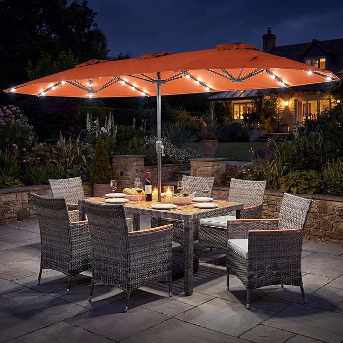 Tangkula 9 Pieces Rattan Outdoor Dining Set with 13Ft Solar Patio Umbrella for 6, Outdoor Wicker Table Set with 8 Cushioned Chairs, Acacia Wood Top, Outdoor Umbrella with Base Included