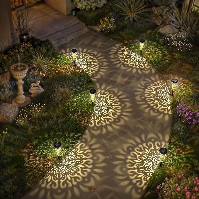 6 Pack Solar Lights Outdoor Garden Decorative Mandala Solar Pathway Lights Waterproof Plastic Outside Solar Path Landscape Lights Gardening Gifts for Women Mom Backyard Walkway Yard Decor