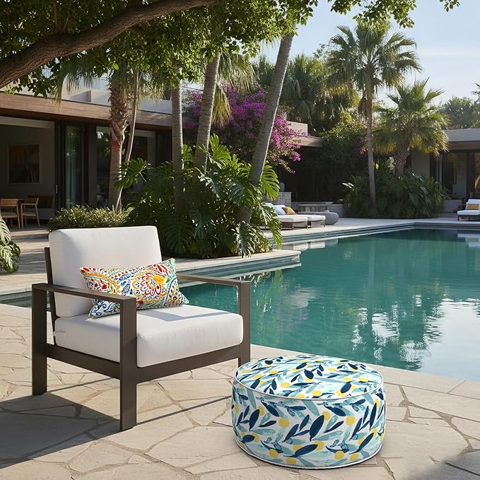 LVTXIII Outdoor/Indoor Inflatable Stool Ottoman, All Weather Patio Footrest Pouf, Portable Round Ottoman for Patio Garden, Camping or Home, D21xH9 Inches, Blue Leaves