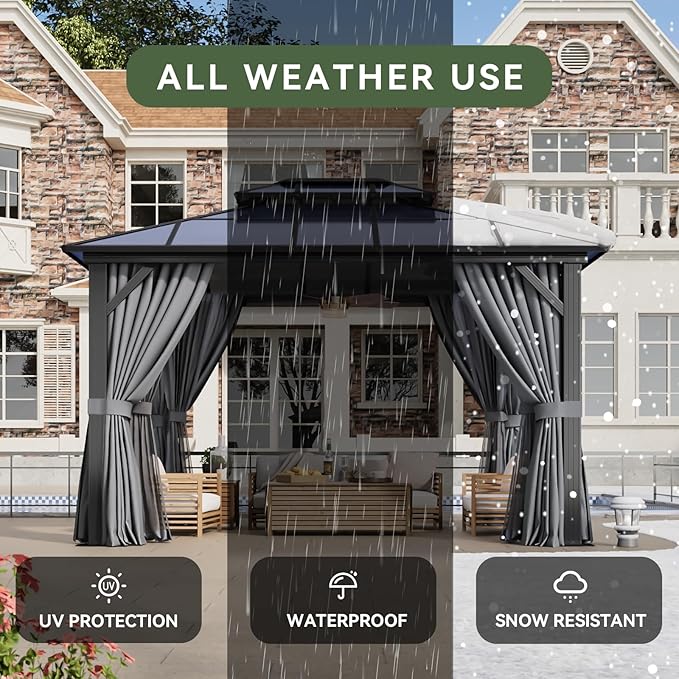 Aoxun 10'x12' Hardtop Gazebo, Aluminum Frame Permanent Pavilion with Curtains and Netting, Outdoor Polycarbonate Double Roof Canopy, Designed for Garden, Lawns, Patio