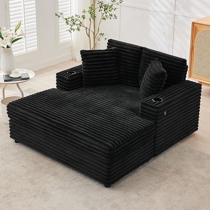 GarveeHome Oversized Chaise Lounge Chair Indoor, 56x60 in Comfortable Corduroy Lounge Sofa with Charging Ports & Cup Holders, Cozy Reading Couch for Bedroom Living Room Apartment, Black