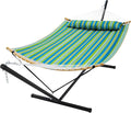 SUPERJARE Curved-Bar Hammock with Stand, 2 Person Heavy Duty Hammock Frame, Detachable Pillow & Portable Carrying Bag, Perfect for Outdoor & Indoor, Thin Blue and Green Stripes