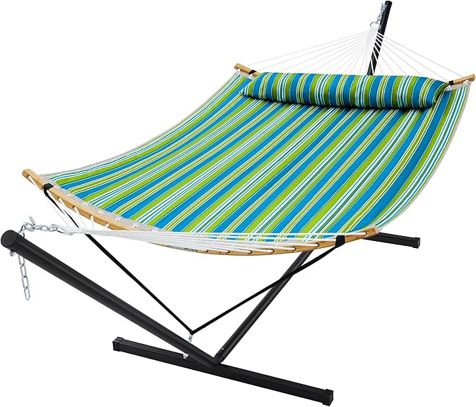 SUPERJARE Curved-Bar Hammock with Stand, 2 Person Heavy Duty Hammock Frame, Detachable Pillow & Portable Carrying Bag, Perfect for Outdoor & Indoor, Thin Blue and Green Stripes