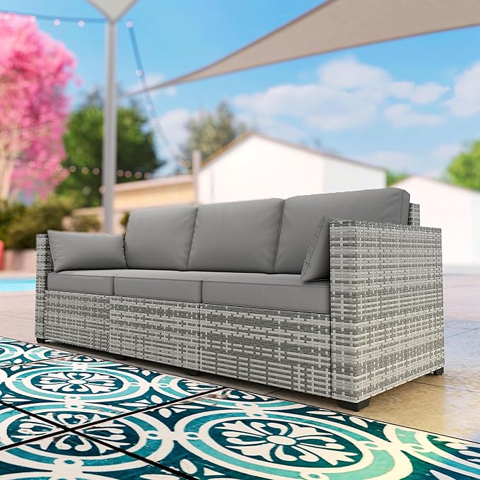 Outsunny Patio Couch PE Wicker Deep Seating Outdoor Sofa with Removable Cushions, 3 Seater Rattan Sofa, Outdoor Furniture for Balcony, Deck, Garden and Poolside, Gray