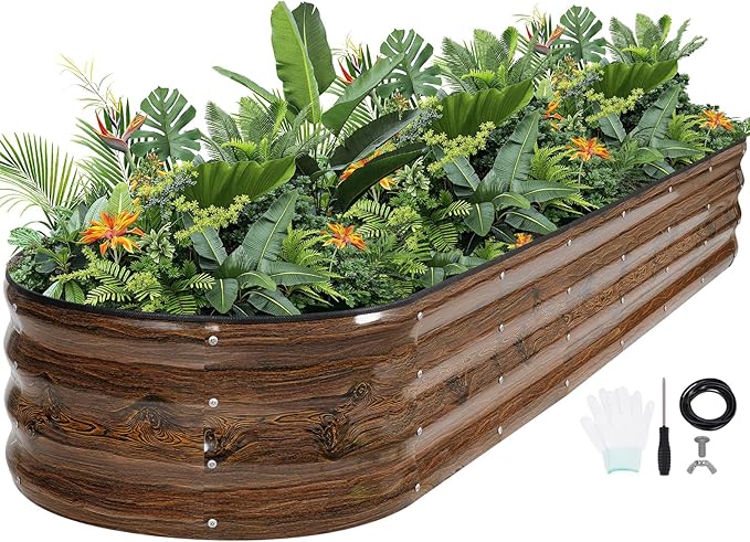 G GOOD GAIN Raised Garden Beds - 8x2x1ft Galvanized Planter Boxes Kit with Protective Tape & Gloves & Tools | Oval Metal Outdoor Raised Bed for Gardening Vegetables, Fruits, Flowers, Herbs, Grain