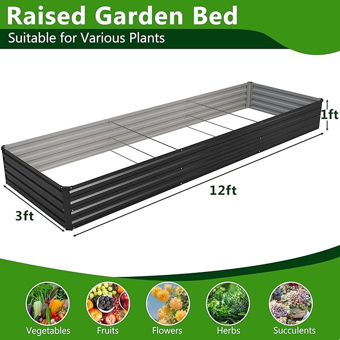 2PCS 12x3x1ft Galvanized Raised Garden Bed Kit,Metal Planter Box for Vegetables,Flowers,Herbs Durable Rust-Resistant Patio Gardening Beds,Black