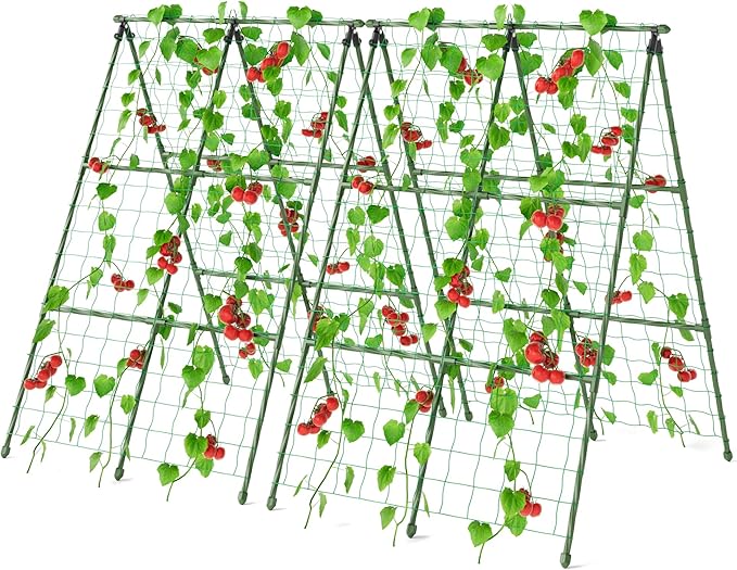 Miory Cucumber Trellis for Raised Beds, 2 Pack 32x48" A-Frame Garden Trellis, Climbing Plant Support with Netting for Cucumber Tomato Bean Pea