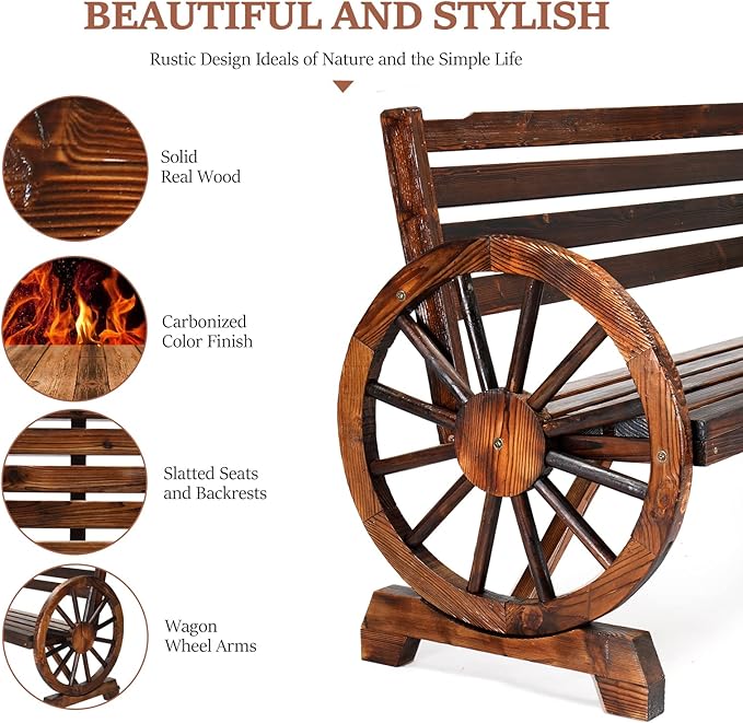 VINGLI Rustic Wooden Wheel Bench Outdoor Bench, Patio Bench Wagon Slatted Seat, Garden Benches for Outdoors 350lbs High Capacity, Weather Resistance (Rustic, 55in)