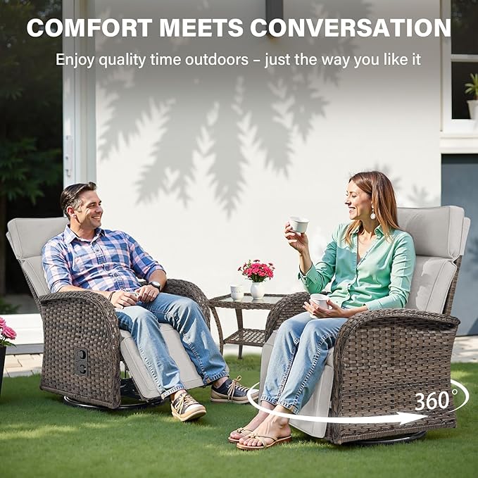 Dual-Adjust Swivel Outdoor Recliner Chair Set of 3 - Reclining Patio Chair with Adjustable Backrest and Footrest, All-Weather Wicker Chaise Lounge Outdoor with Side Table for Deck (Upgraded 2.0)