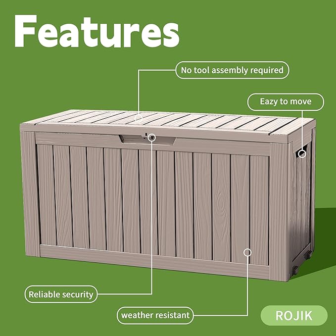 ROJIK Outdoor Storage Housing Deck Box - Waterproof Patio Furniture, Garden Tools, Cushions, Pool Accessories Storage Bench with Lockable Lid and Side Handles (Grey 76 Gal)