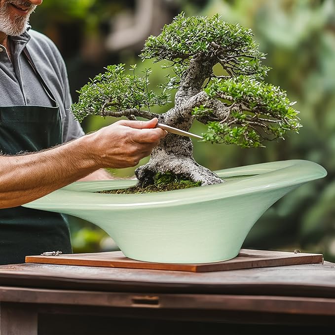 Ceramic Bonsai Pots - Large Succulent Planter 18 Inch Plant Pot Indoor Succulent Pot with Drainage Hole Outdoor Planter Bonsai Tree Pot for House Home Garden Decor Green
