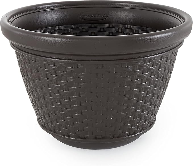 Suncast 6 Pack Decorative Wicker Garden Hose Holder Pot with 4 Drain Holes for 100 Foot Hoses, Java