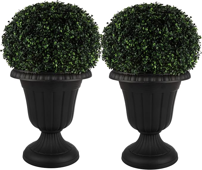 Outdoor Planter 2-Pack - 16x18-Inch Urn Planters - Plastic Plant Pots for Indoor, Outdoor, or Front Porch Decor - Flower Pots by Pure Garden (Black)
