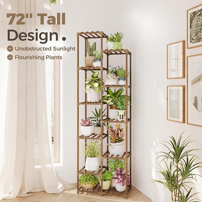 Bamworld Plant Stand Indoor Outdoor 11 Tier Tall Large Wood Plant Shelf Multi Tier Flower Stands Garden Shelves Wooden Plant Display Holder Rack for Living Room Corner