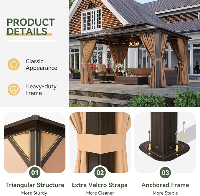Aoxun 10'x14' Hardtop Gazebo, Aluminum Frame Permanent Pavilion with Curtains and Netting, Outdoor Polycarbonate Double Roof Canopy, for Patio, Garden, Lawn, Brown