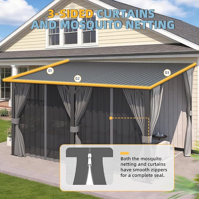 AECOJOY 16'x10' Outdoor Hardtop Gazebo Pergola with Curtains and Netting for Patio, 10x16 Large Steel Heavy Duty Lean to Wall-Mounted Pergolas and Grill Gazebos Clearance, Metal Roof Awnings for Decks