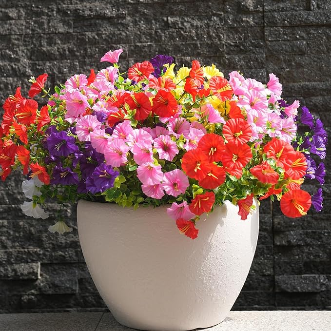 Artificial Flowers for Outdoors, UV Resistant Fake Silk Morning Glory, Realistic Faux Plants for Outside Porch Patio Window Box Hanging Planter (16, Purple White Yellow Pink Red)