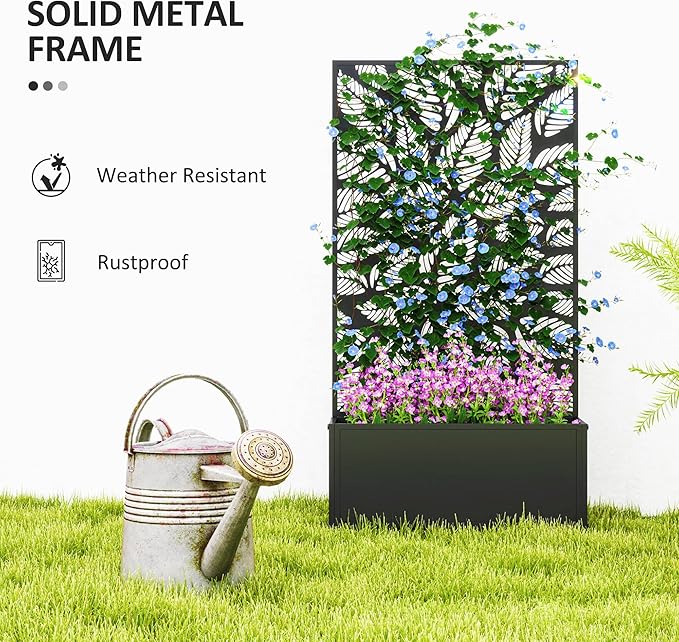 Outsunny Metal Raised Garden Bed with Trellis for Climbing Plants, Freestanding or Wall Mounted Flower Bed with Privacy Panel, Small Leaves Cut-Outs Outdoor Planter Box for Garden, Patio, Balcony