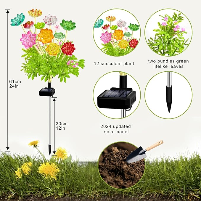 Solar Garden Lights Outdoor, 2 Pack Upgraded Succulent Solar Flowers Outside Waterproof, Gardening Gifts for Women Mother, Decorative Solar Powered Lights Yard Decor for Lawn Backyard Patio Pathway