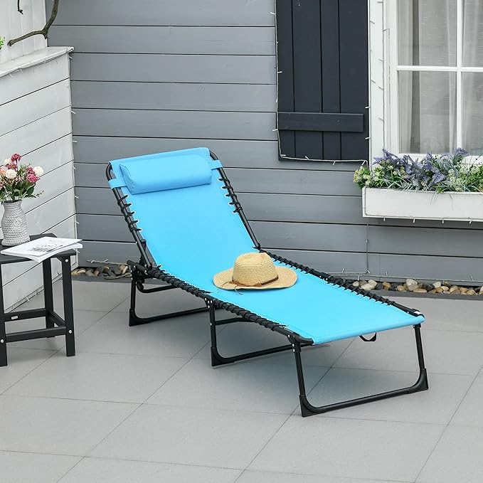 Outsunny Folding Chaise Lounge Chair, Patio Sun Tanning Chair, Outdoor Chaise Lounger with 4-Position Reclining Back, Breathable Mesh Seat for Beach, Poolside, Yard, Blue