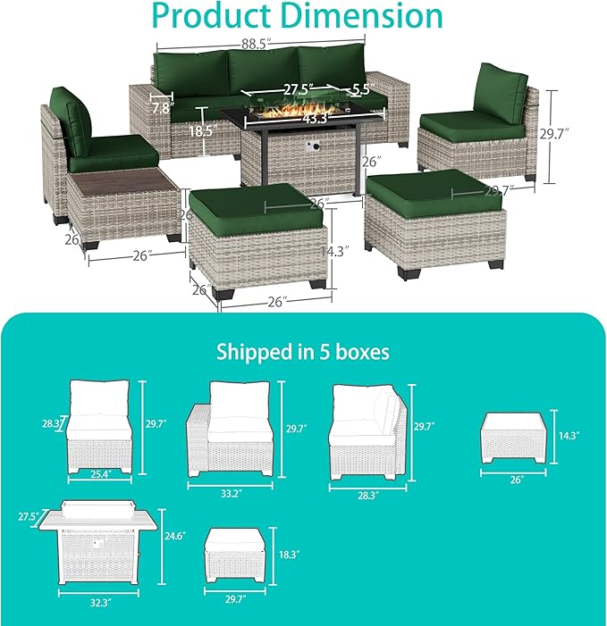 9-Piece Outdoor Patio Furniture Set with 55,000 BTU Fire Pit Table, PE Wicker Rattan Sectional Sofa Patio Conversation Set with Ottomans & Coffee Table, Green