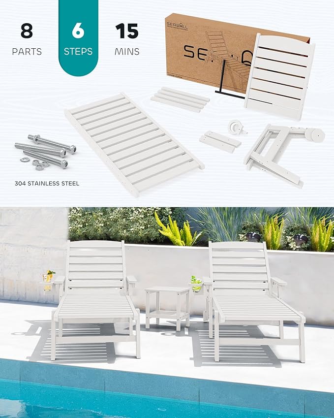 SERWALL Patio Chaise Lounge Chair Set of 6, 5 Positions Adjustable Poly Outdoor Lounger for Pool, HDPE Lounge Chair with Rolling Wheels & Cup Holder for Poolside, Deck, White