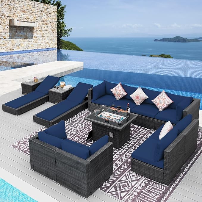 NICESOUL 13 Piece Outdoor Patio Furniture Set with Fire Pit, Extra Large 29.3'' High Back Patio Sofa Set w/Lounges, Oversized Wicker Outdoor Sectional with Fire Pit for Deck, Lawn, Yard, Gray & Navy