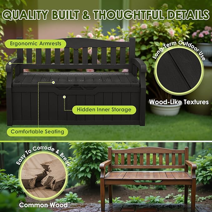 Greesum 80 Gallon Outdoor Storage Bench, Weather-Resistant Deck Box, Patio Furniture Bench for Backyard, Garden, Porch, Large Capacity Seat for Pillows Cushions Patio Accessories, Dark Black