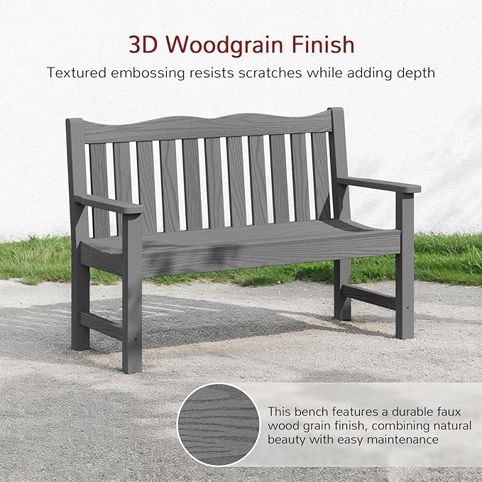 Stoog Outdoor Bench, 2-Person Garden Benches for Outdoors, Waterproof HIPS Patio Bench with 800 lbs Weight Capacity, Never Rot or Fade, Grey