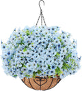 Artificial Hanging Flower for Outdoors, Fake Hanging Basket for Outside,1 Hanging Basket with 13 Pcs Faux Silk Flowers for Porch, Balcony and Patio Decor(Blue)